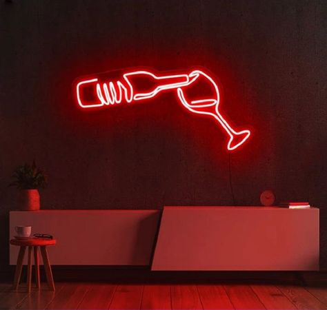 Neon Signs In Home, Wall Neon Signs, Classy Neon Sign, Wine Bar Lighting, Red Led Sign, Neon Signs For Home, Neon Light Kitchen, Wine Neon Sign, Neon Signs Kitchen