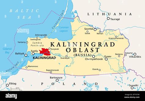 Download this stock image: Kaliningrad Oblast, political map. Kaliningrad Region, federal subject and semi-enclave of Russia, located on the coast of the Baltic Sea. - 2F7Y57W from Alamy's library of millions of high resolution stock photos, illustrations and vectors. University Of Birmingham, German Heritage, Baltic States, Free City, Head Of State, Baltic Sea, Aircraft Carrier, The European Union, Lithuania