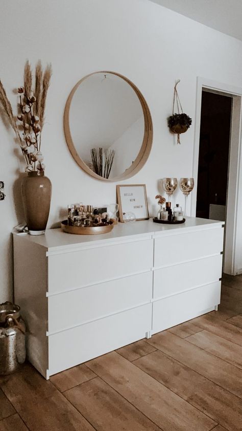 Malm Dresser Entryway, Boho Bedroom White Furniture, Full Bedroom Ideas, Nude Bedroom Ideas, White And Wood Bedroom, Light And Airy Bedroom, Bedroom Ikea, Bedroom Deco, Pinterest Room Decor