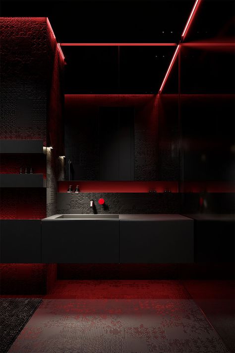 em1h - услуги дизайнера в Киеве, дизайн интерьеров - Igor Sirotov Architects Cyberpunk Interior, Dark Bathroom, Black Rooms, Black Interior Design, Dark House, Bathroom Red, Red Room, Futuristic Interior, Dream House Rooms