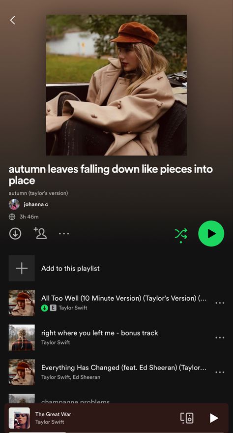 autumn playlist Taylor Swift Fall Playlist, Fall Playlist Names, Taylor Swift Fall, Autumn Playlist, Autumn Leaves Falling, Song Recs, Fall Playlist, Taylor Swift Playlist, Summer Songs Playlist