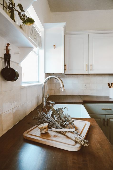 Boho Butcher Block Kitchen, Modern Cottage Core Kitchen Aesthetic, Old House Small Kitchen, Butcher Block Countertops Tile Backsplash, Butcher Block And Backsplash, Butcher Block Counters White Cabinets, Cottage Core Modern House, Cottage Core Modern Kitchen, Boho Kitchen Tile Floor