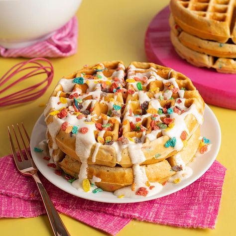 Mrs. Butterworth’s® EPIC Fruity Pebbles™ Waffles | Ready Set Eat Mrs Butterworth, Cake Mix Pancakes, Pumpkin Cake Easy, Fruity Pebble, Ready Set Eat, Moist Muffins, Cranberry Muffins, Waffles Recipe, Butterworth