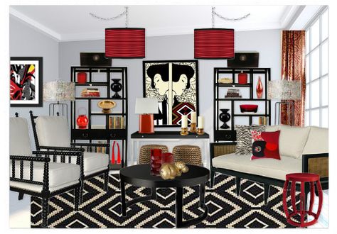 Red Black And Gold Office Decor, Black And Red Living Room, Black And Gold Office, Black And White Home Office, Red Living Room, Gold Office Decor, Red Office, Red Living, Gold Office