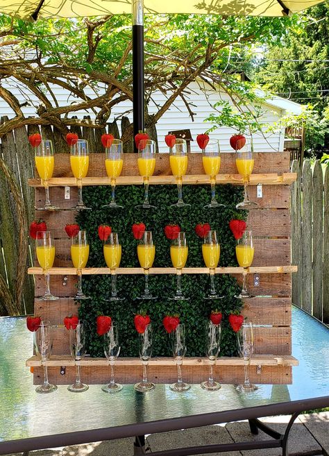 Backyard Mimosa Bar, Mimosa Bar Wedding Mornings, Birthday Mimosa Bar, Mimosa Bar Ideas Brunch Party, Mimosa Bar Decor, Mimosa Wall, Mimosa Ideas, Mimosas Bar, Mimosa Table