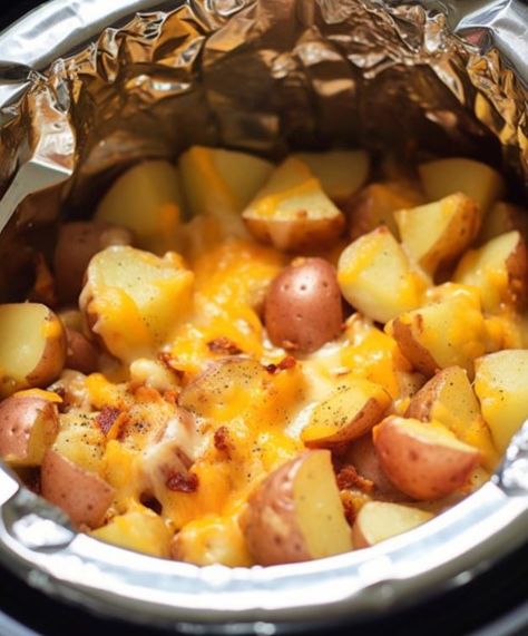 Wrap potatoes in foil and put them in a Crock-Pot for this comforting dish Slow Cooker Cheesy Potatoes, Crockpot Dump Recipes, Slow Cooker Potatoes, Crock Pot Potatoes, Dump Meals, Potato Recipes Side Dishes, Crockpot Dishes, Cheesy Potatoes, Potato Side Dishes