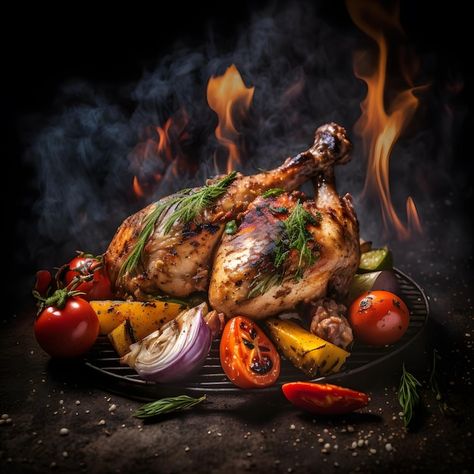 Photo photo grilled chicken legs on the ... | Premium Photo #Freepik #photo #cooked-chicken #grilled-chicken #baked-chicken #bbq-chicken Premium Food Photography, Restaurant Food Pics, Chicken Food Photography, Chicken Background, Restaurant Content, Chicken Photography, Chicken Delivery, Photo Grill, Broasted Chicken