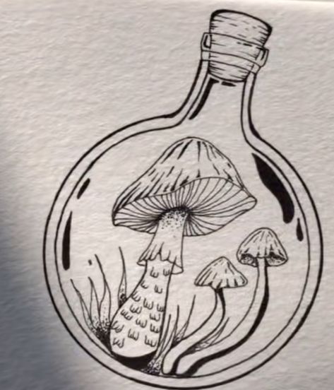 Mushroom Potion Bottle Tattoo, 1930s Cartoons, Bottle Tattoo, Alice In Wonderland Drawings, Bottle Drawing, Mushroom Tattoos, Mushroom Drawing, Arte Grunge, Flower Sketches