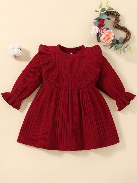 Burgundy Cute  Long Sleeve Polyester Plain A Line Embellished Medium Stretch Spring/Summer Baby Clothing Flounce Sleeve Dress, Full Sleeves Dress, Cactus Embroidery, Fall Baby Clothes, Knit Baby Dress, Baby Frock Pattern, Woolen Dresses, Winter Baby Clothes, Frock Patterns