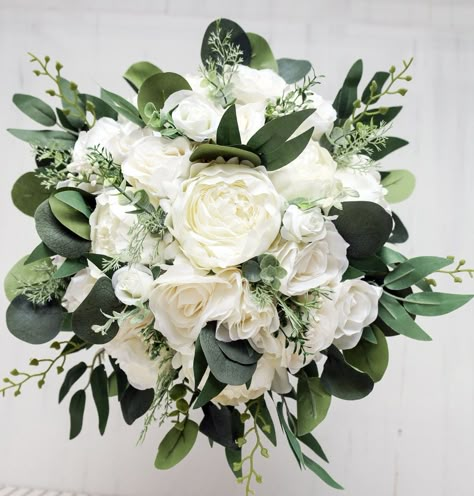 White and Greenery Bouquet Wedding Bouquet Bridal Bouquet - Etsy Ivory Wedding Flowers Bouquet, White And Greenery Bouquet, Greenery Bouquet Wedding, White Peonies Bouquet, Ivory Wedding Flowers, Greenery Wedding Bouquet, Faux Flower Bouquets, Eucalyptus Bouquet, Greenery Bouquet