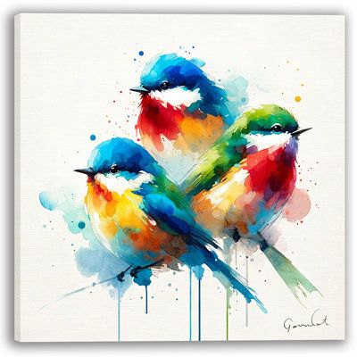 This eye-catching wrapped canvas art showcases three vibrant birds in a dynamic watercolor design. The bold splashes of color and fluid brushstrokes bring an energetic and artistic feel to any space. Proudly made in the USA, this ready-to-hang artwork supports local artists. Bungalow Rose Overall Size: 12" H x 12" W x 1" D | Bungalow Rose Three Colorful Birds in Watercolor Wrapped Canvas Wall Art Canvas | 12" H x 12" W x 1" D | Wayfair | Home Decor Colourful Birds, Birds Art, Watercolor Birds Easy, Colorful Birds Flying, Flying Birds Watercolor, Love Bird Watercolor, Watercolor Birds On A Wire, Watercolor Splotch Birds, Love Birds Painting