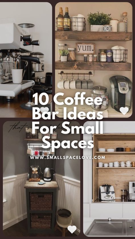 Here are 10 amazing coffee bar or coffee station ideas for small spaces. These coffee bar ideas for small spaces will undoubtedly be appealing if you have a small kitchen but a huge love for coffee. Small Beverage Station, Koffie Stations, Snack Center, Kitchen Counter Coffee Bar, Coffee Bar Ideas Kitchen, Counter Coffee Bar, Kaffe Station, Corner Coffee Bar, Kaffe Bar