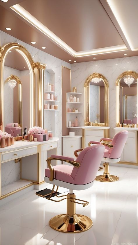 Pink And Gold Salon Decor, Pink And Gold Salon, Hair Salon Interior Design Luxury, Luxury Beauty Salon Design, Beauty Parlour Interior Design, Modern Salon Design, Luxury Salon Interior Design, Red And Gold Party, Makeup Table Ideas