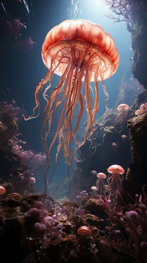 Glowing Jellyfish in The Sea Blurry Background stock photography Jellyfish Photography Underwater, Pink Underwater, Glowing Jellyfish, Photography Underwater, Jellyfish Photography, Blurry Background, Underwater Diving, Wild Animal, Jellyfish