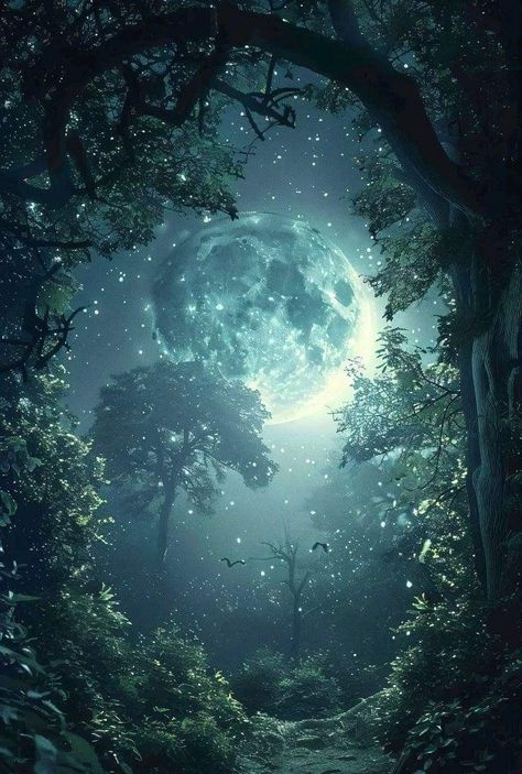 Moonlight Forest, Fantasy Moon, Forest Moon, Night Clouds, Scenery Paintings, Night Forest, Moon Photography, Light Magic, Vintage Gothic