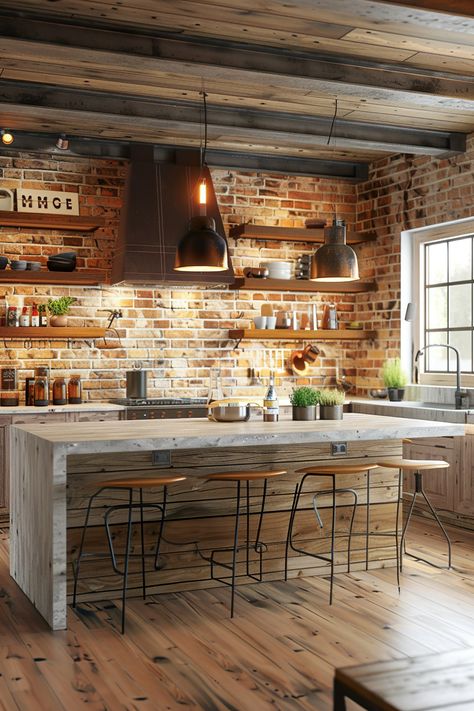 Farmhouse Kitchen With Stylish Brick Backsplash - 123 Inspiration Farmhouse Kitchen With Brick Backsplash, Farmhouse Kitchen With Brick, Kitchen With Brick Backsplash, Brick Kitchen Island, Kitchen With Brick, Building A Brick Wall, Fake Brick, White Kitchen Appliances, New House 2023