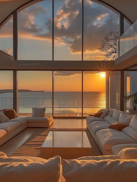 Lux Beach House Interior, California Dream Home, Sunk In Living Room Modern, Beach House Minimalist, Ocean Apartment, Beach Luxury House, Dream House Pictures, Sunset Room, Sunset House