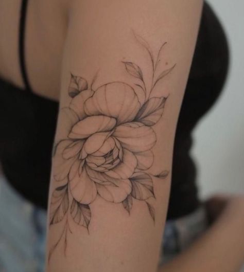 Botanical Sleeve, Gardenia Tattoo, Tricep Tattoos, Purple Tattoos, Simple Arm Tattoos, Brush Tattoo, Flower Tattoo Shoulder, Upper Arm Tattoos, Flower Tattoo Arm