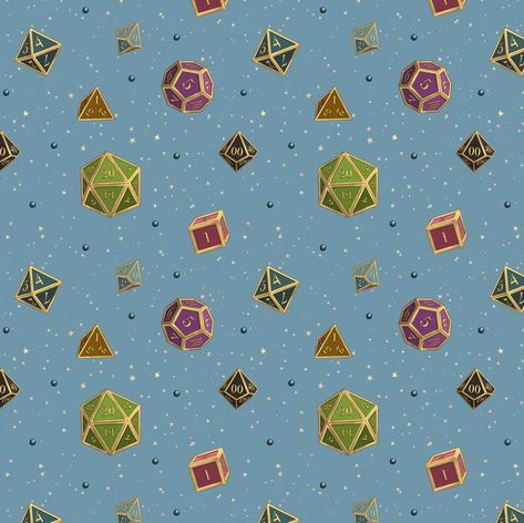 A repeating pattern of a set of 7 Dungeons and Dragons Dice in jewel tones with gold edges, on a medium blue background, surrounded by little yellow stars and small shiny orbs in dark blue. Tabletop Games Aesthetic, Dnd Aesthetic Wallpaper, Dnd Dice Aesthetic, Dungeons And Dragons Wallpaper, Dungeon Master Art, Dungeons And Dragons Aesthetic, Dnd Wallpaper, Dragons Aesthetic, Dnd Aesthetic