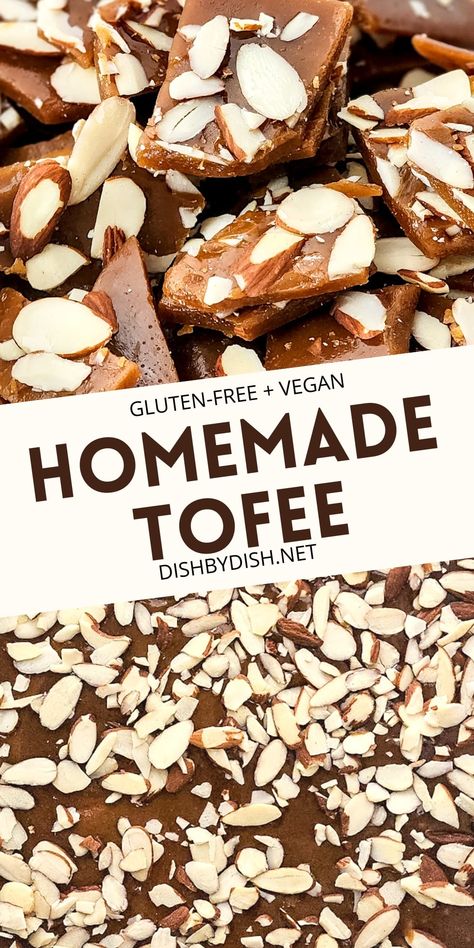 Perfectly decadent vegan toffee topped with crunchy sliced almonds makes the perfect holiday sweet treat or snack! Totally gluten-free and dairy-free too. Making homemade toffee is easier than you think! Go make a batch today! Vegan Toffee Recipe, Vegan Toffee, Chewy Toffee, Toffee Bark, Almond Toffee, Homemade Toffee, Toffee Recipe, Vegan Candies, Sliced Almonds