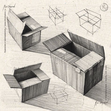 ArtStation - Boxes / коробки Daily Objects Sketches, Rim Umyarov, Object Sketches, Object Composition, Easy Realistic Drawings, Practice Drawing Shapes, Analytical Drawing, Box Drawing, Basic Sketching