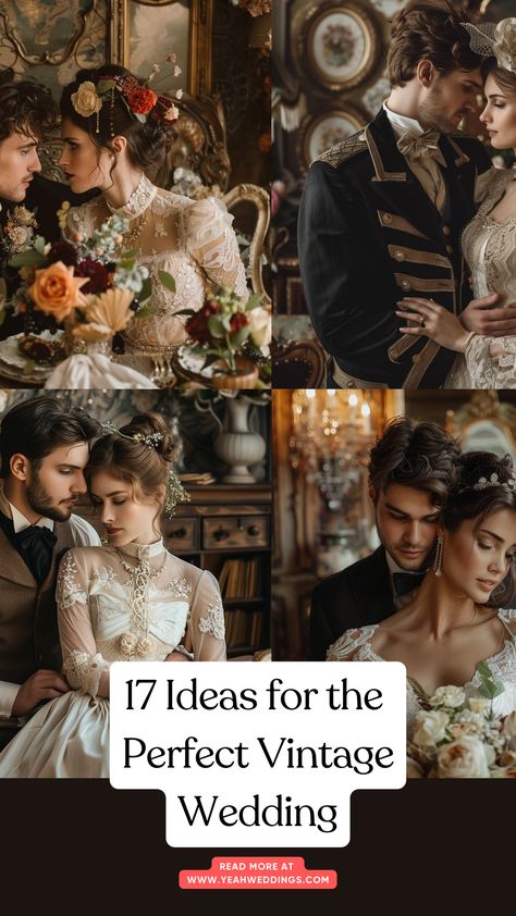 Stunning wedding couples in vintage attire, surrounded by classic decorations, embodying the elegance and charm of a perfect vintage wedding. Old World Wedding Dress, Vintage Wedding Set Up, Old World Charm Wedding, Old Fashioned Wedding Theme, Vintage Romance Wedding Theme, Vintage Wedding Ideas Elegant, 1960s Wedding Theme, 50s Themed Wedding, Vintage Wedding Theme Ideas