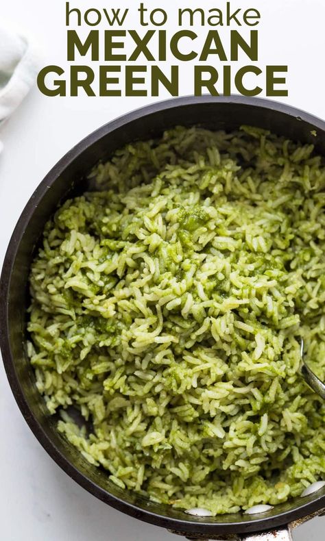 Green rice (a.k.a. Arroz Verde) is a tasty Mexican side dish that's easy to make w/ white rice, poblano peppers, cilantro, garlic & onions. This flavorful recipe is great with tacos, enchiladas & more. It's not a traditionally spicy dish, but you can add jalapenos or serrano pepper for a kick. Mexican Green Rice, Poblano Rice Recipe, Pablano Pepper Recipe, Green Rice Recipe, Mexican Side Dish, Rice Mexican, Rice Sides, Poblano Peppers Recipes, Mexican Side