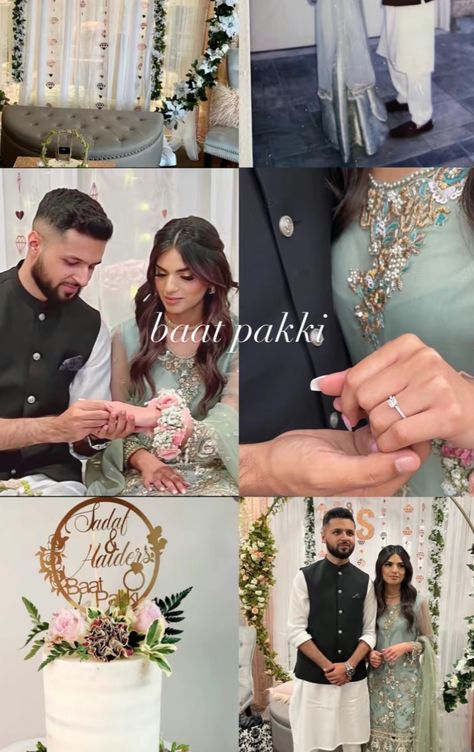 Sagai Decoration Ideas, Baat Pakki Announcement, Pakistani Baat Pakki Decor At Home, Baat Pakki Cake Ideas, Baat Pakki Decor, Muslim Wedding Poses, Pakistani Couple Aesthetic, Muslim Engagement Look, Baat Pakki Decorations At Home