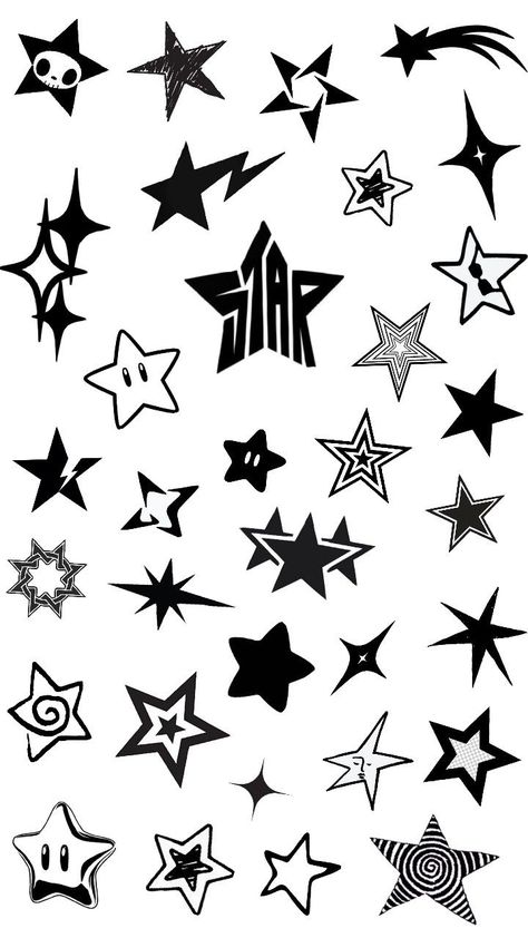 Aesthetic Star Doodles, Star Ideas, Y2k Stickers Printable Black And White, Star Sketches Aesthetic, Stars Stickers Aesthetic Printable, Stars Stickers Printable, Blue Music Notes Aesthetic, Pink Scrapbook, Hand Doodles