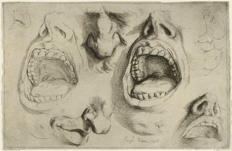 Jusepe de Ribera  Studies of the Nose and Mouth, a detailed study of a mouth screaming in pain, circa 1622. BM Open Mouth Drawing, Screaming Drawing, Dulwich Picture Gallery, Mouth Drawing, Baroque Art, Spanish Artists, Open Mouth, Anatomy Art, Art Movement