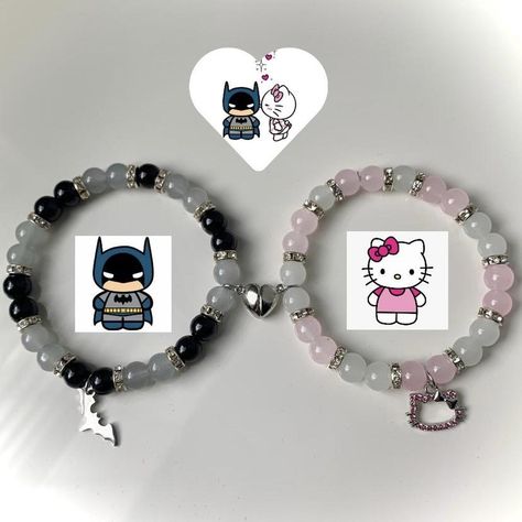 Batman and Hello Kitty bracelets🎀 Matching couple... - Depop Bracelets Matching Couple, Aesthetic Couple Bracelet, Bracelet Diy For Boyfriend, Batman And Hello Kitty Bracelets, Matching Hello Kitty Bracelets, Bracelet Matching Couple, Matching Diy Bracelets, Couple Things Matching, Matching Things For Couple