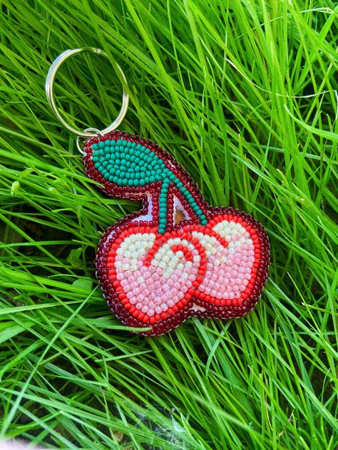 Native Beaded Keychains, Seed Bead Keychain, Beaded Cherry, Cherry Keychain, Beaded Pins, Beaded Car Charms, Beaded Ideas, Beadwork Ideas, Beaded Keychain