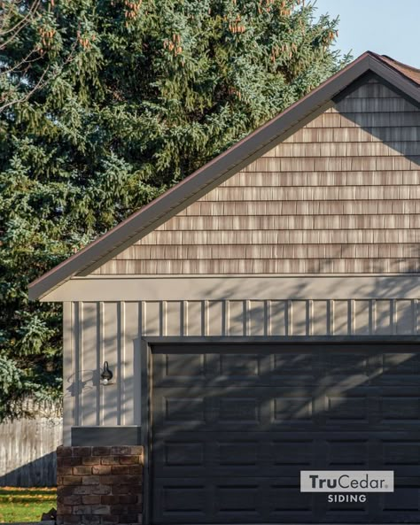 Eliminate maintenance with steel. TruCedar Steel Shake Sidewall provides the look of real cedar shakes without the maintenance. It’s color palette was chosen to simulate the look of real cedar wood shakes in various stages of aging and can be used as an accent for dormers, peaks, under porches or as a whole house application. Pair with TruCedar vertical board and batten siding for a traditional design. Steel Siding Colors, Vertical Board And Batten, Timber Frame Cottage, Shaker Siding, Cedar Shake Siding, Bricks Wall, Board And Batten Exterior, Captains Quarters, Shingle House