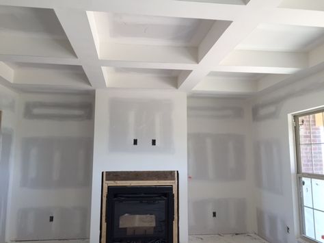 Drywall coffer ceiling Great room Drywall Coffered Ceiling, Coffered Ceiling Family Room, Diy Coffered Ceiling, Waffle Ceiling, Ceilings Ideas, Coffer Ceiling, Coffered Ceiling Design, Tray Ceilings, Drywall Ceiling