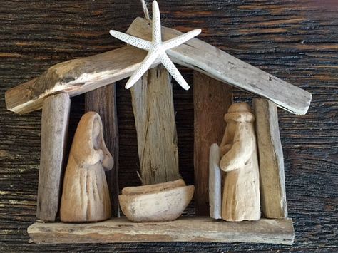 the ORIGINAL OBX driftwood nativity by BeachHouseDreamsHome Driftwood Nativity, Baby Jesus Ornament, Manteo Nc, Nativity Creche, Wooden Nativity, Christmas Church, Nativity Sets, Christmas Clay, Nativity Ornaments