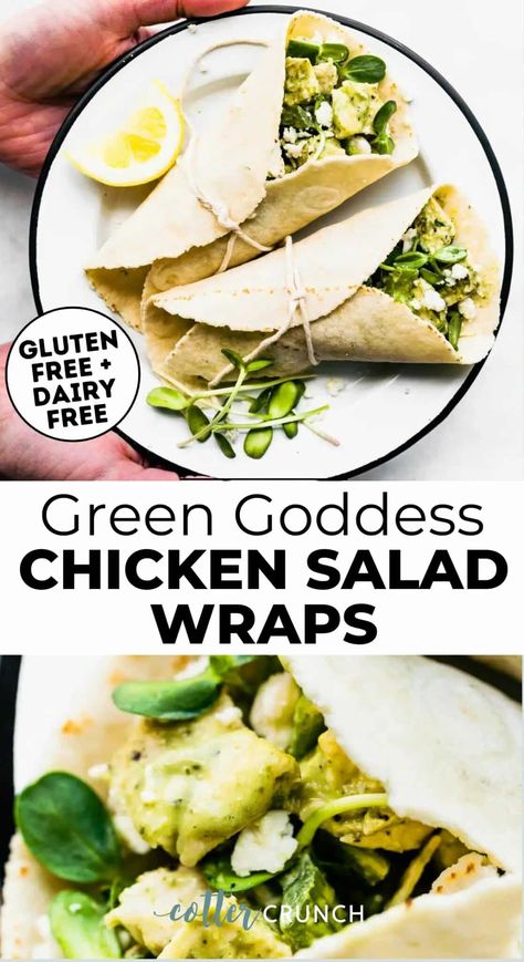 This Green Goddess Chicken Salad Wrap is a healthy high protein recipe perfect for a healthy summer dinner idea! Tender chicken combined with cucumber, avocado, and fresh herbs. Toss with vegan green goddess dressing and dairy free toppings! Make this easy chicken salad and top a gluten free tortilla with it for an easy summer recipe! Nut free and egg free for those with food allergies. Green Goddess Chicken Salad, Vegan Green Goddess Dressing, Green Goddess Chicken, Chicken Salad Wrap Recipe, Vegan Green Goddess, Healthy Summer Dinner, Delicious Healthy Salads, High Protein Recipe, Chicken Bacon Ranch Wrap