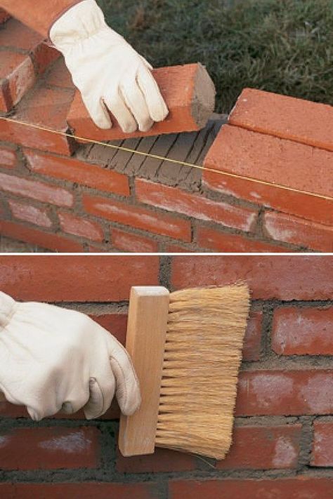 Brick Bbq Ideas, Brick Patio Ideas Backyards, Fireplace Makeover Brick, Brick Garden Wall, Diy Stone Wall, Recycle Organization, Building A Brick Wall, Brick Shed, Brick House Exterior Makeover