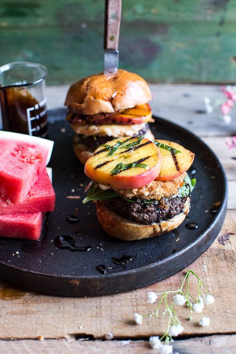 Fried Mozzarella and Caramelized Peach Caprese Burger | halfbakedharvest.com @hbharvest Burger Business, Caprese Burger, Peach Caprese, Vegetarian Patty, Crazy Burger, Grilled Burger Recipes, Fried Mozzarella, Salmon Burger, Best Burger Recipe