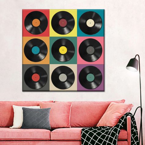 Vinyl Records Wall Art | Photography Record Wall Decor Aesthetic, Vinyl Record Gift Ideas, Music Gallery Wall, Records Wall Art, Vinyl Record Wall Decor, Vinyl Records Diy, Record Wall Decor, Record Decor, Music Studio Design