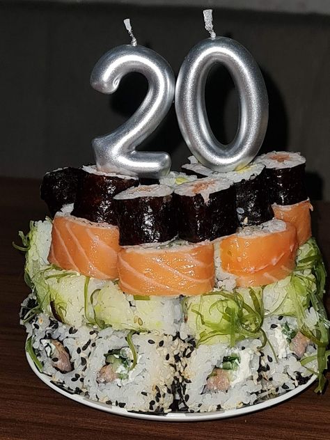 #birthday #sushi #sushicakeidea #20th Sushi Cakes Birthday, Sushi Cake Birthday, Sushi Birthday Cake, 29th Birthday Cakes, Sushi Birthday, My 20th Birthday, Sushi Cake, 29th Birthday, Unique Birthday