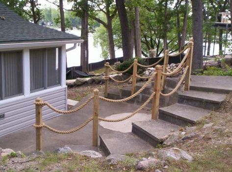 Roped off stairs | Beach-Style Outdoor Ideas For Your Porch and Backyard Rope Handrail, Rope Railing, Lake Landscaping, Deck Railing, Outdoor Stairs, Lake Living, Iron Horse, Lake Cottage, Lake Cabins