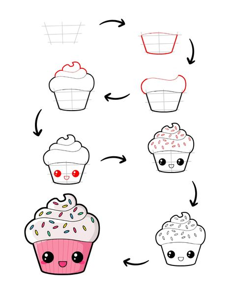 Cute cupcake drawing How To Draw A Cake Easy, Cupcake Drawing Easy, Dessert Doodles, Cute Cupcake Drawing, Hot Dog Drawing, Dog Drawing Simple, Draw Kawaii, Doddle Art, November Challenge