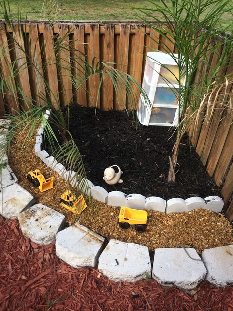 Construction Truck Rock Garden: A Sandbox Alternative Sandbox Alternative, Garden For Kids, Backyard Play Spaces, Outdoor Play Space, Construction Play, Outdoor Play Spaces, Play Area Backyard, Backyard Kids Play Area, Play Garden