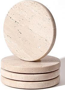 CHISELED ST DF SK Natural Travertine 4" Round Beige Marble Coasters - Set of 4, Perfect Office Coasters and Night Lamp For Bedroom, Coffee Table Pictures, Thanksgiving Pillows, Perfect Office, Candle Mirror, Beige Marble, Blue Pumpkins, Marble Coasters, Entertainment Bar