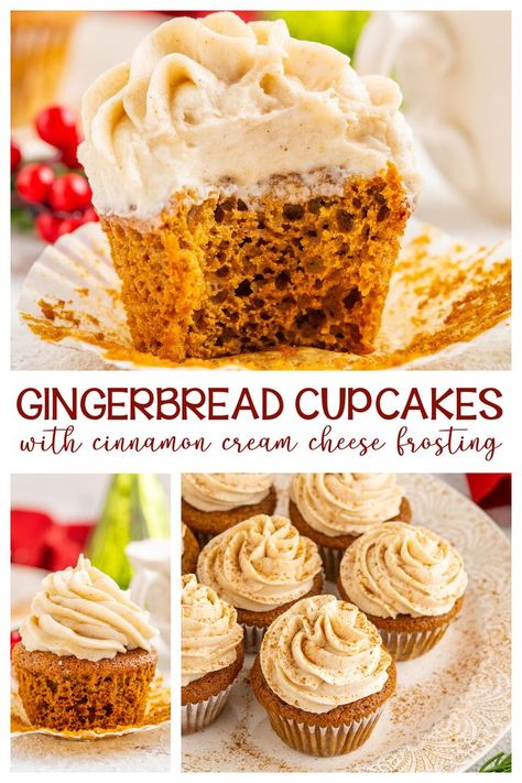 gingerbread cupcake collage Gingerbread Cupcakes With Cinnamon Cream, Gingerbread Cream Cheese, Christmas Dinner Sides, How To Make Gingerbread, Gingerbread Cupcakes, Cinnamon Cream Cheese, Xmas Treats, Cupcakes With Cream Cheese Frosting, Cinnamon Cream Cheese Frosting