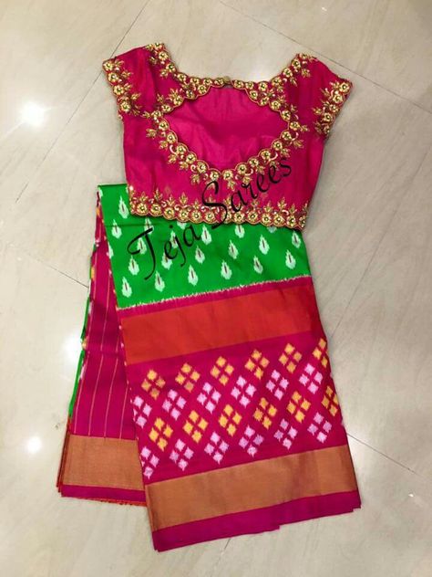 Ikkat pattu saree with work blouse Computer Work Blouse Designs, Simple Maggam Work Blouse, Simple Maggam Work, Blouse Design Aari Work, Baby Lehenga, 50 Blouse Designs, Work Blouse Designs, Blouse Designs Catalogue, Maggam Work Blouse