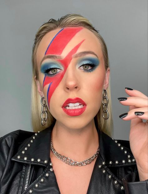 80s Singers Costume, David Bowie Makeup Tutorial, David Bowie Lightning Bolt Makeup, David Bowie Halloween Costume Women, David Bowie Iconic Looks, David Bowie Inspired Makeup, David Bowie Costume Women, David Bowie Makeup Inspiration, Aesthetic David Bowie