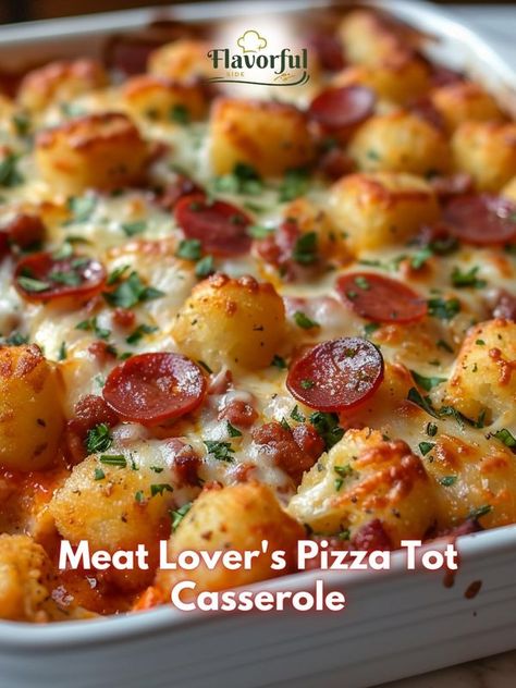 Flavorful side | Meat Lover's Pizza Tot Casserole | Facebook Meat Lovers Tater Tot Pizza Casserole, Meat Lovers Pizza Casserole, Frozen Tater Tots, Meat Lovers Pizza, Sausage Casing, Tot Casserole, Pizza Casserole, Yummy Meals, Ground Beef Casserole