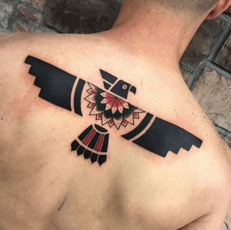 #Thunderbirdtattoo is a widespread figure in #NativeAmerican mythology that was a huge supernatural bird that protected humans from evil spirits.  Find our best examples and more about #NativeAmericanTattoos and their meanings in our #tattooguide!  #tattoostylist Native American Bird Tattoo, Thunderbird Tattoo, Native American Tattoo Designs, Bird Tattoo Meaning, Hawk Tattoo, Native American Tattoo, Native American Tattoos, Native Tattoos, Tattoo Parlor