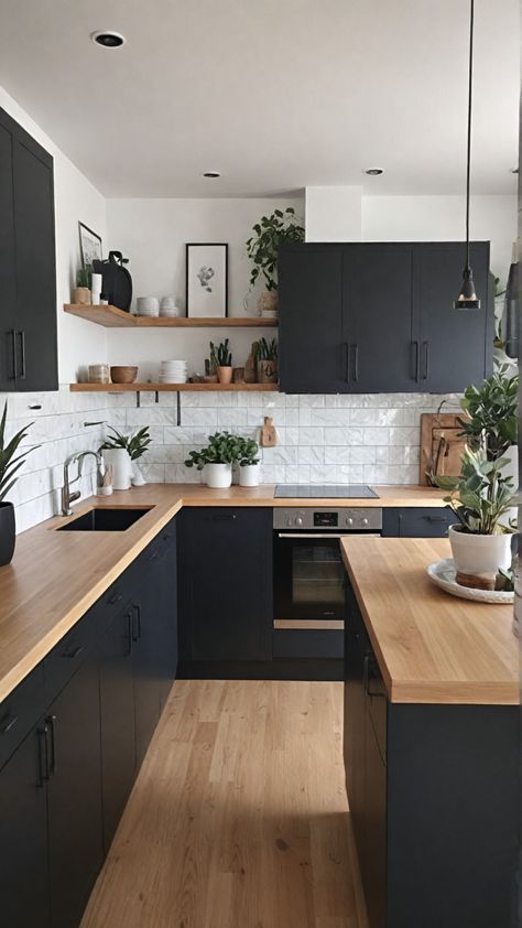 Black And White With Wood Kitchen, Kitchen Designs Apartment, Black Kitchen Cabinets Wood Countertops, Boho Black Kitchen, Kitchen Astethic, 2025 Kitchen Trends, Kitchen Ideas Small Spaces, Black White Wood Kitchen, Modern Kitchen Colors